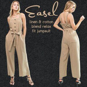 EASEL Linen-Look Relaxed Fit Pinstripe Jumpsuit, Self-Tie Pockets Button Closure